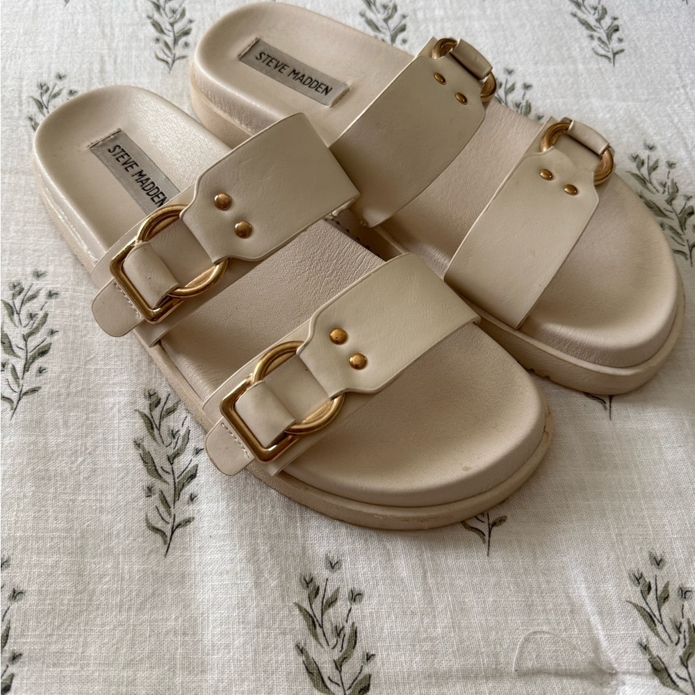 Steve Madden Bone Hanni Dual Buckle Slides with Gold Accents